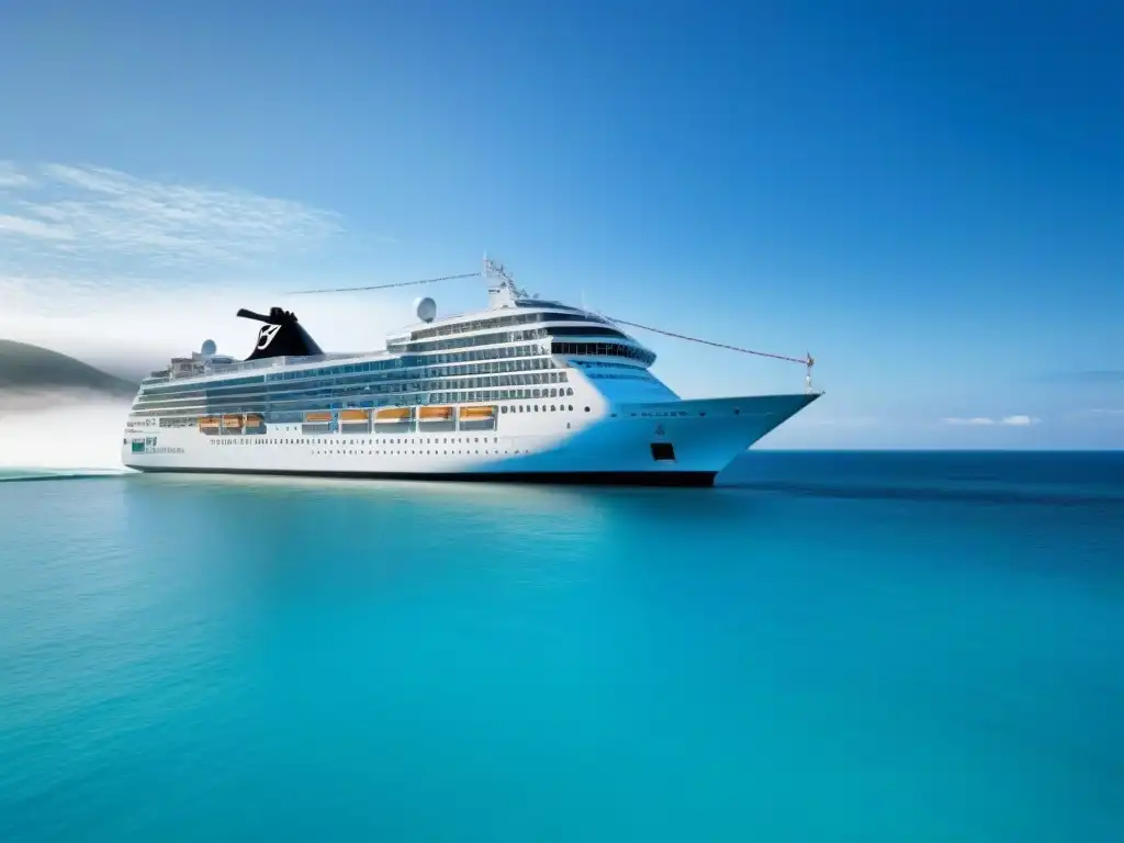 Un crucero de lujo surcando aguas turquesas bajo un cielo despejado, resaltando elegancia y tranquilidad