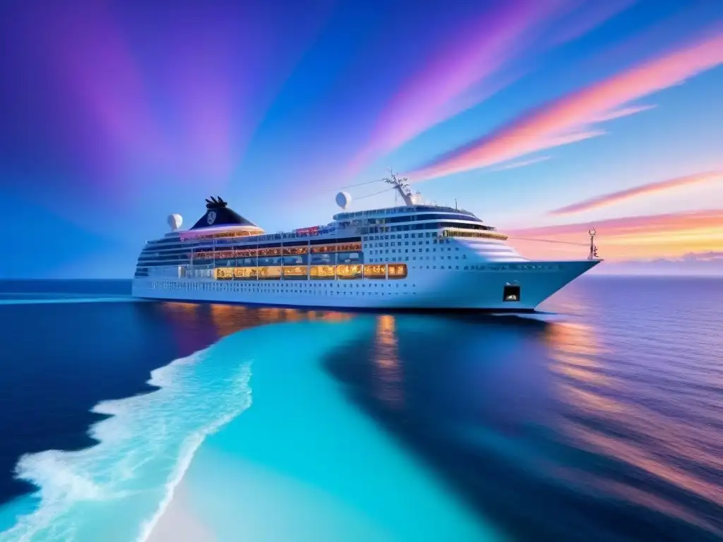 Un crucero de lujo surcando aguas turquesas al atardecer, con un servicio concierge excepcional