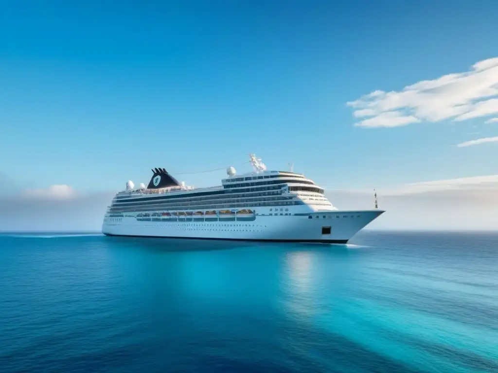 Un crucero de lujo navegando en aguas turquesas bajo un cielo despejado, con servicios concierge en cruceros