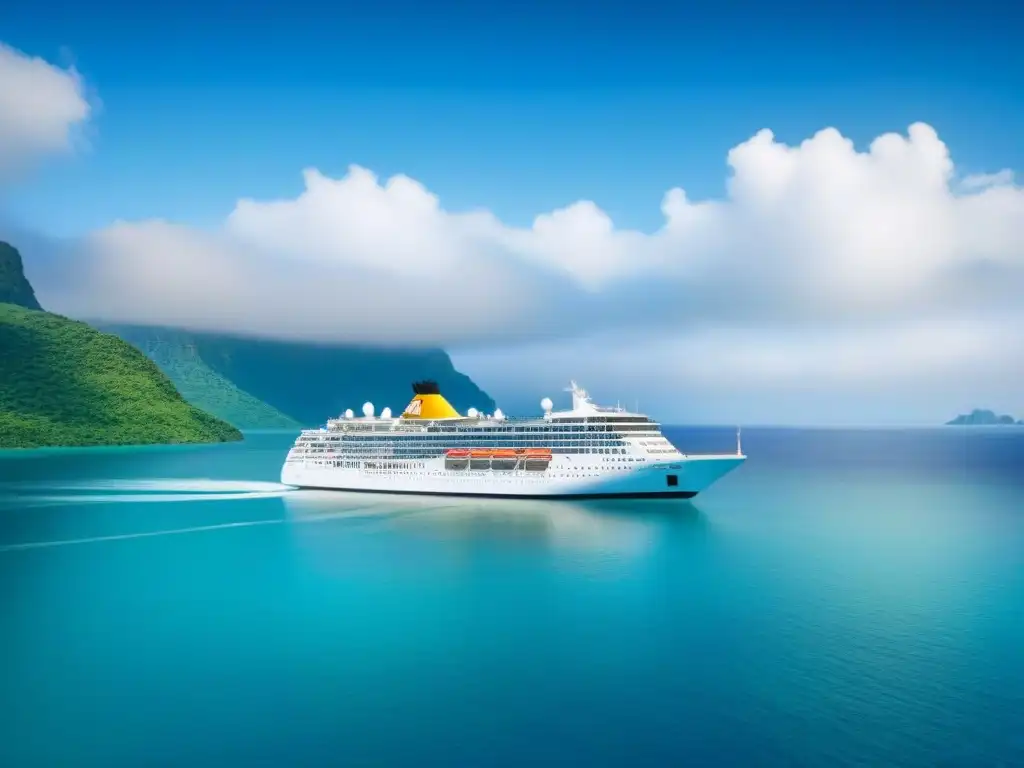 Un crucero de lujo surcando aguas turquesas bajo un cielo despejado, rodeado de islas verdes