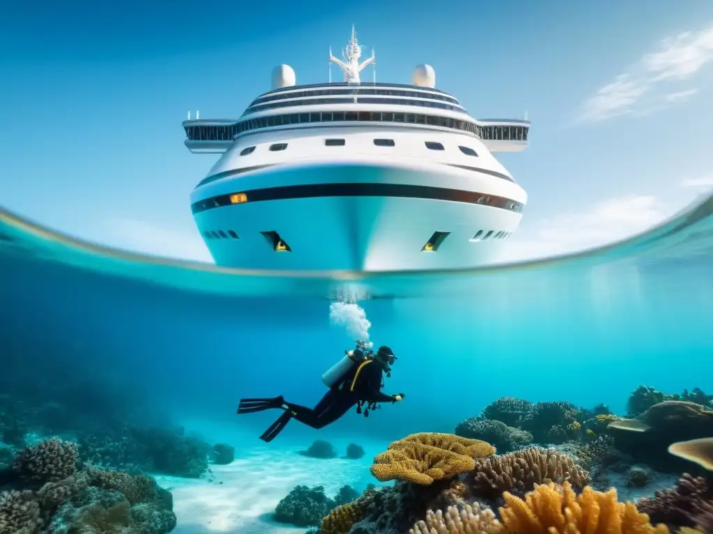 Un crucero de lujo navegando sobre aguas turquesas, con buzos explorando arrecifes de coral vibrantes