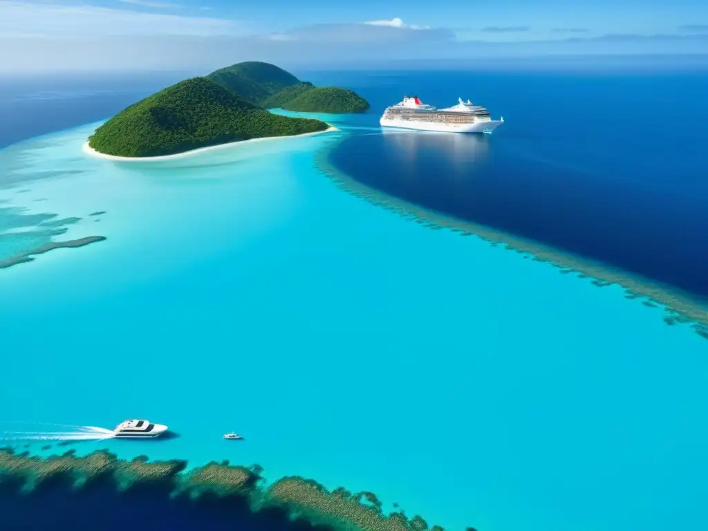 Crucero de lujo surcando aguas turquesas, rodeado de islas verdes