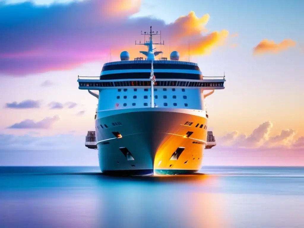 Crucero de lujo navegando al atardecer en aguas turquesas Un crucero de lujo navegando en aguas turquesas al atardecer