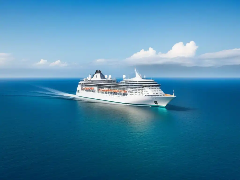 Un crucero de lujo navegando en aguas turquesas bajo un cielo azul, rodeado de islas verdes y nubes blancas