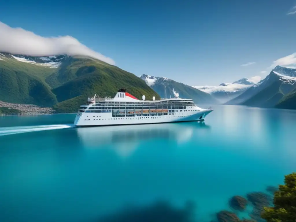 Un crucero de lujo navegando en aguas turquesas, con montañas nevadas y cielo azul