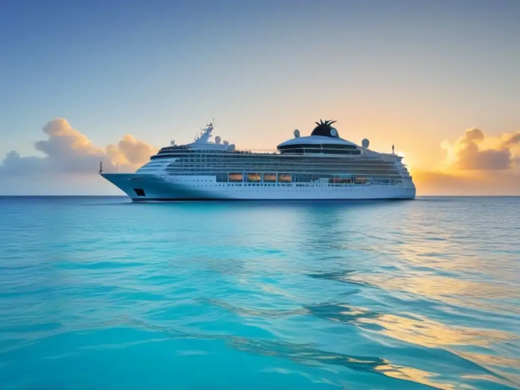 Un crucero de lujo navegando en aguas turquesas, con un atardecer dorado