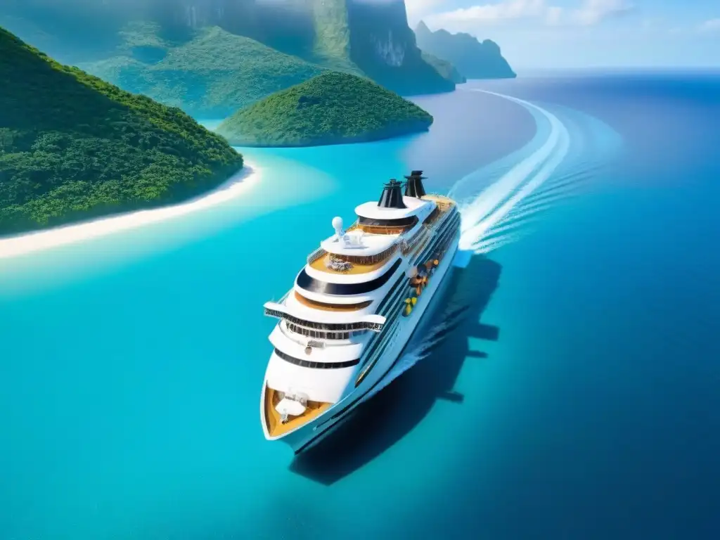 Crucero de lujo navegando en aguas turquesas rodeado de islas verdes bajo cielo azul