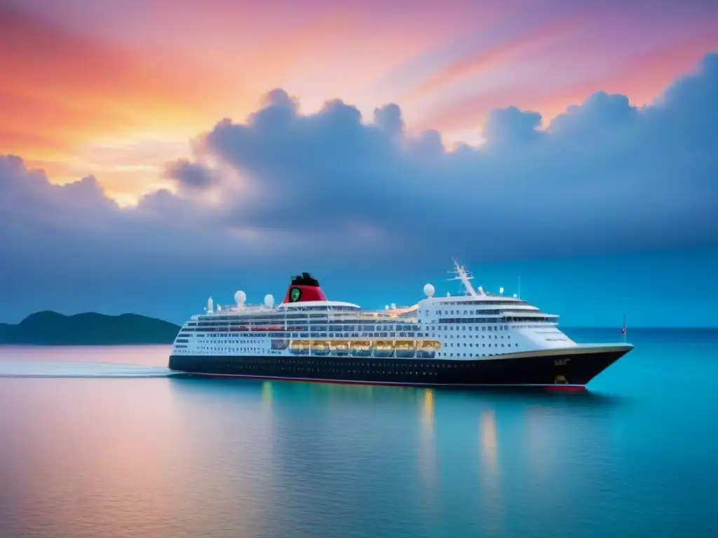 Crucero de lujo navegando en aguas turquesas al atardecer, evocando exclusividad y tranquilidad