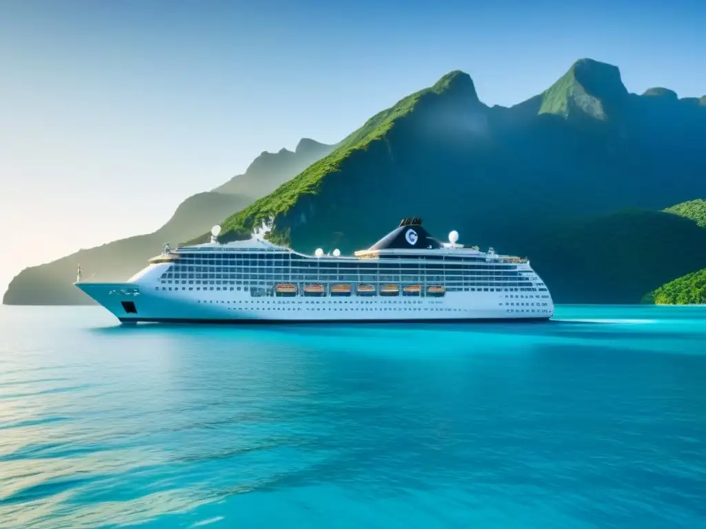 Un crucero de lujo surcando aguas turquesas entre islas tropicales, reflejando elegancia y tranquilidad