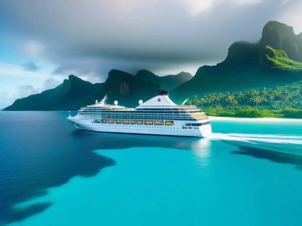 Un crucero de lujo navegando en aguas turquesas, rodeado de islas tropicales