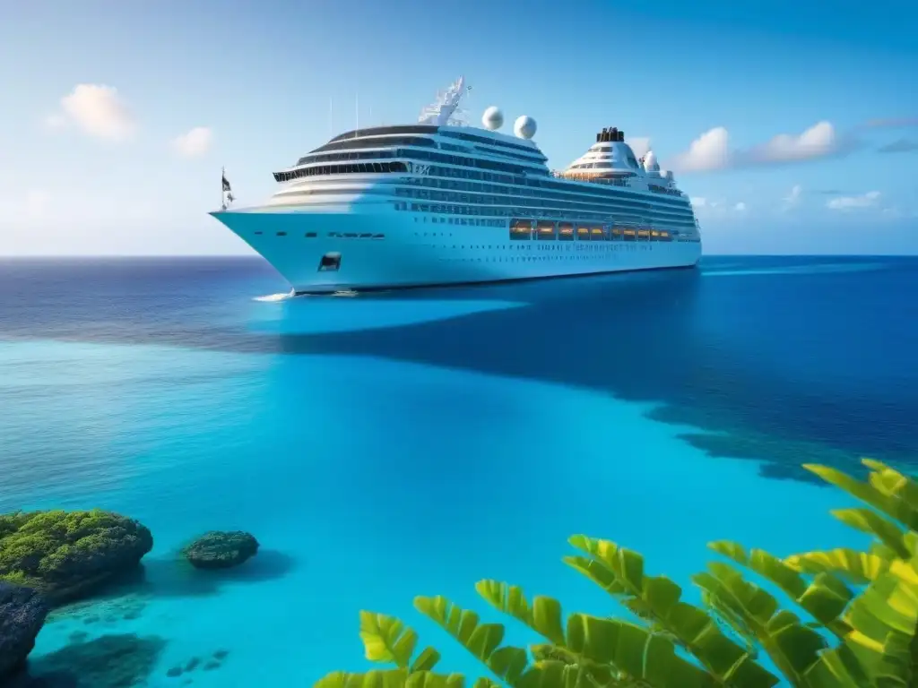 Crucero de lujo navegando entre aguas turquesas rodeado de arrecifes de coral y peces tropicales al atardecer