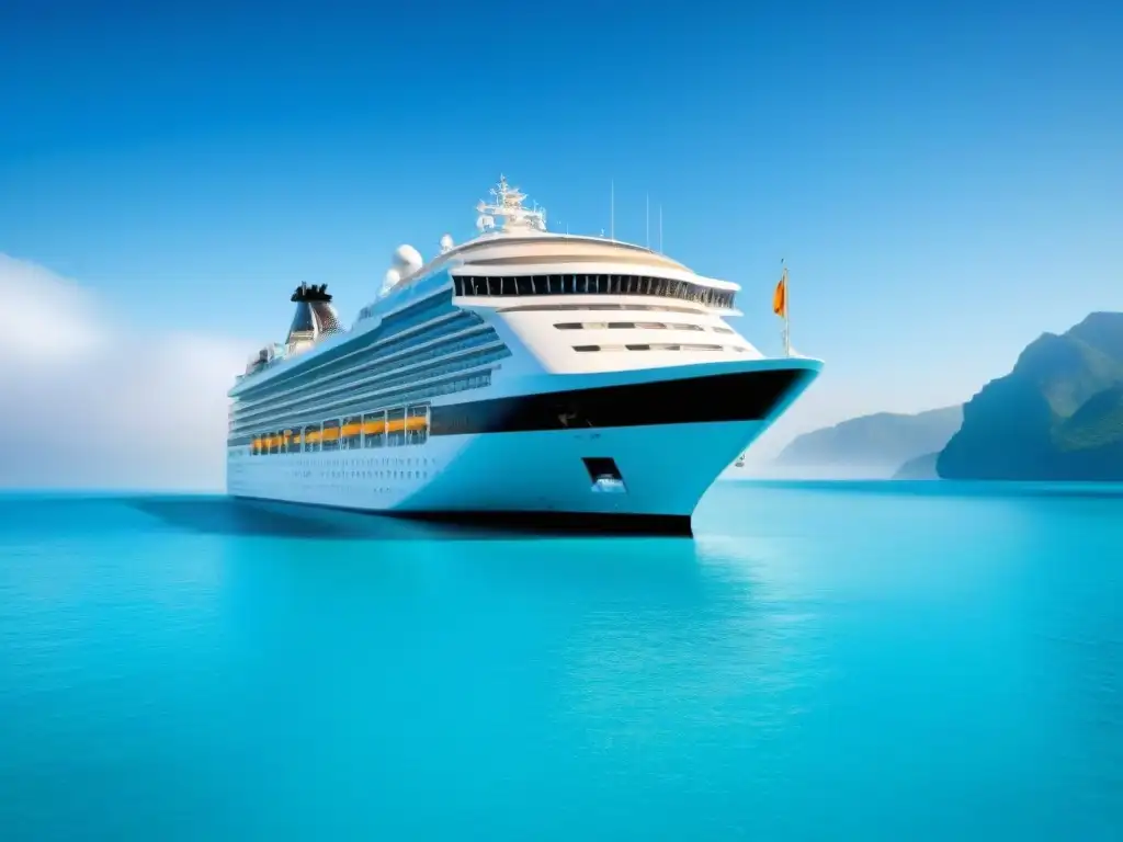 Un crucero de lujo navegando en aguas turquesas bajo un cielo despejado, con diseño moderno y ventanas panorámicas reflejando el sol dorado