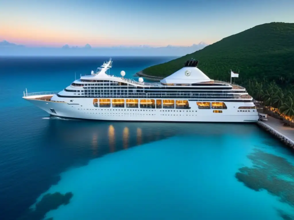 Un crucero de lujo navega en aguas turquesas al atardecer, con un aura dorada