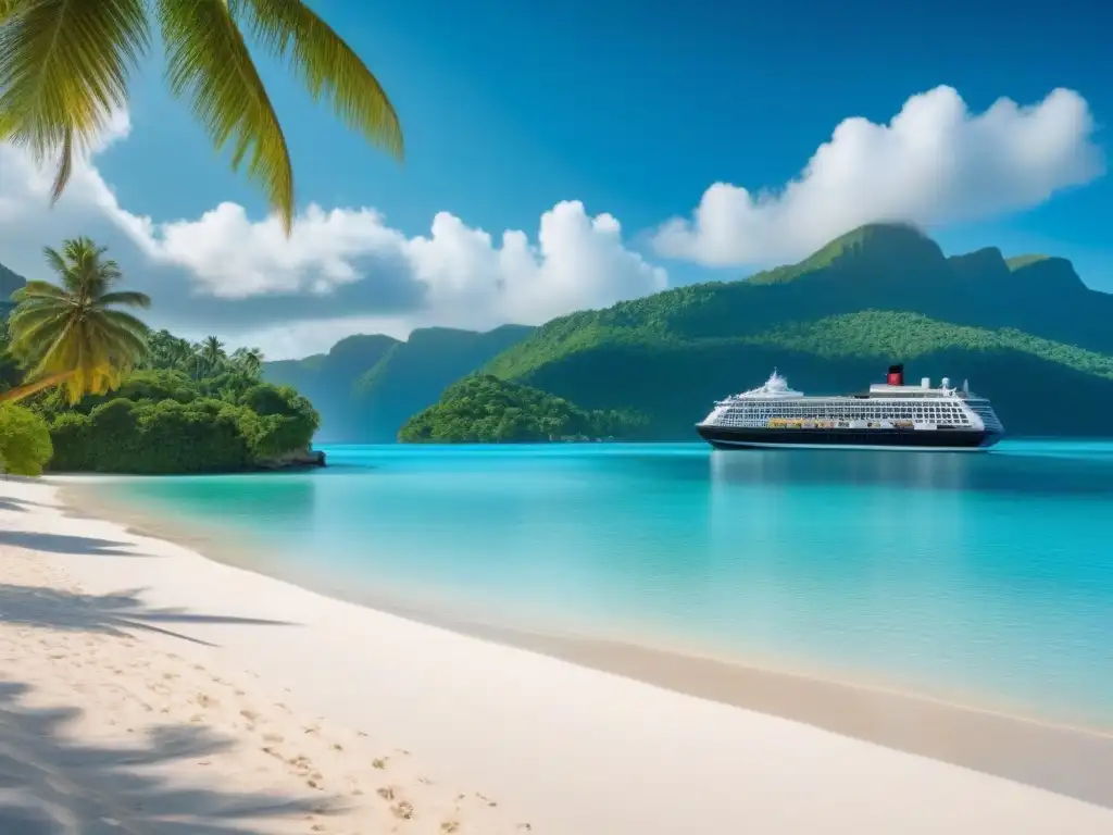 Un crucero de lujo navegando en aguas turquesas con palmeras y playa blanca al fondo, ideal para cruceros de lujo destinos exóticos