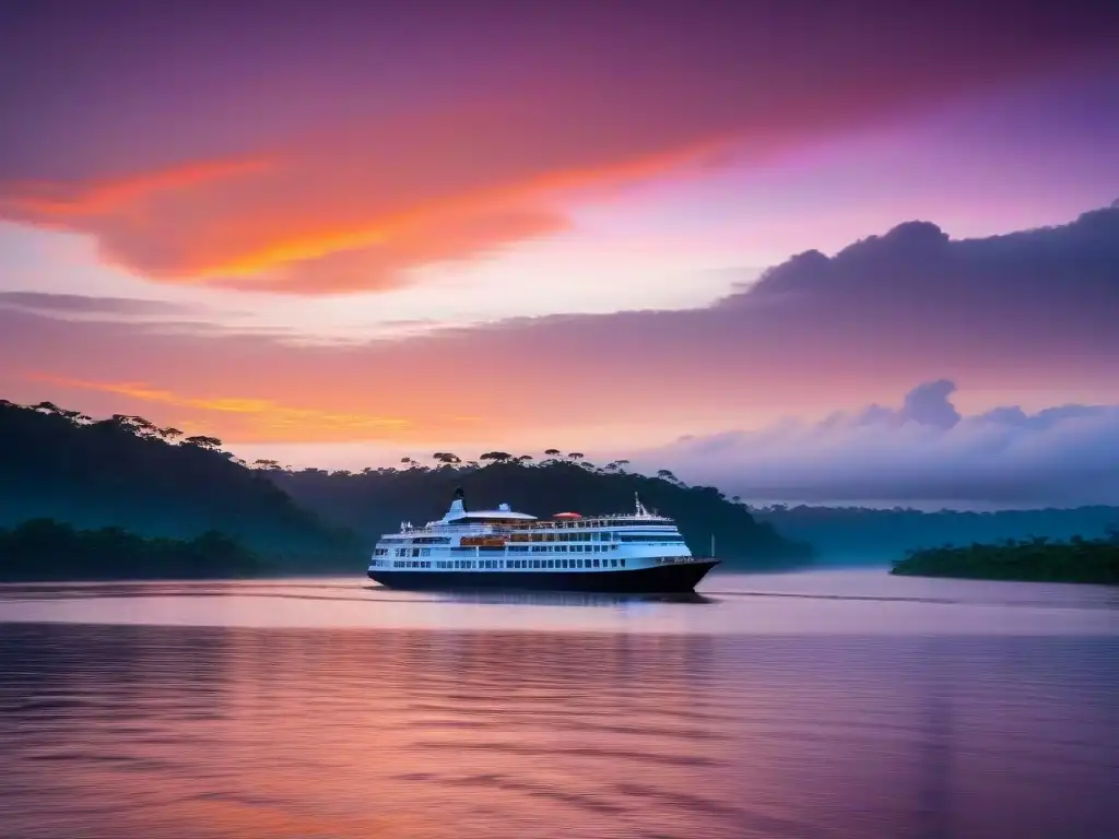 Un crucero de lujo por el Amazonas al atardecer, reflejando los tonos del cielo en el agua tranquila