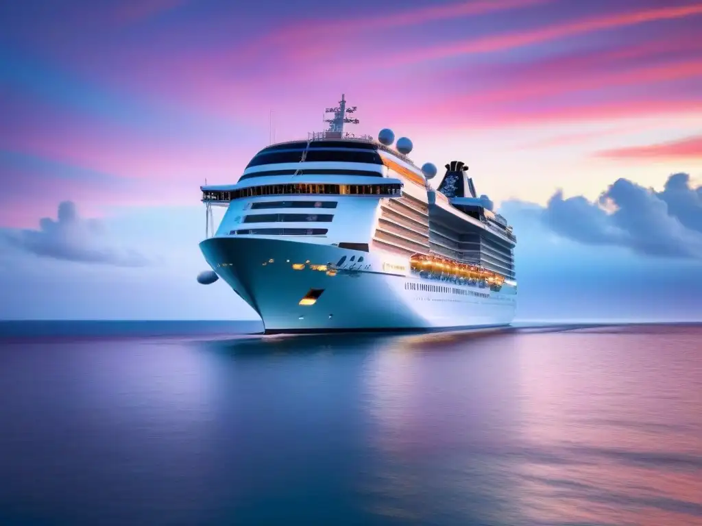 Crucero de lujo al atardecer: elegancia en alta mar Un crucero de lujo navegando al atardecer en aguas cristalinas