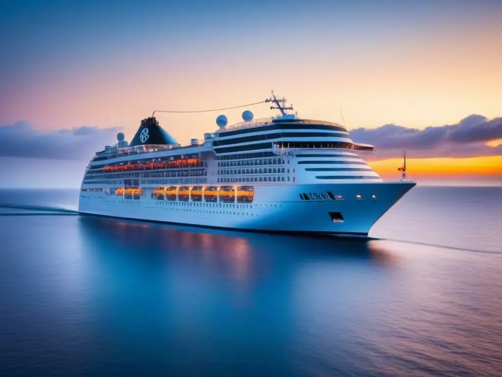 Un crucero de lujo navegando suavemente al atardecer en aguas cristalinas, resaltando beneficios para pasajeros frecuentes