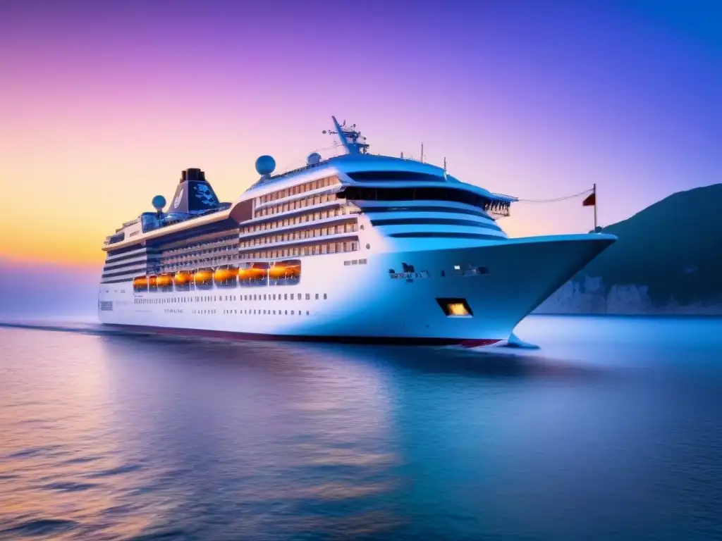 Un crucero de lujo navegando al atardecer en aguas cristalinas, reflejando tonos cálidos en el mar tranquilo