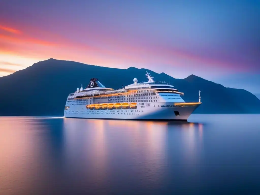 Un crucero de lujo navegando serenamente al atardecer en aguas tranquilas