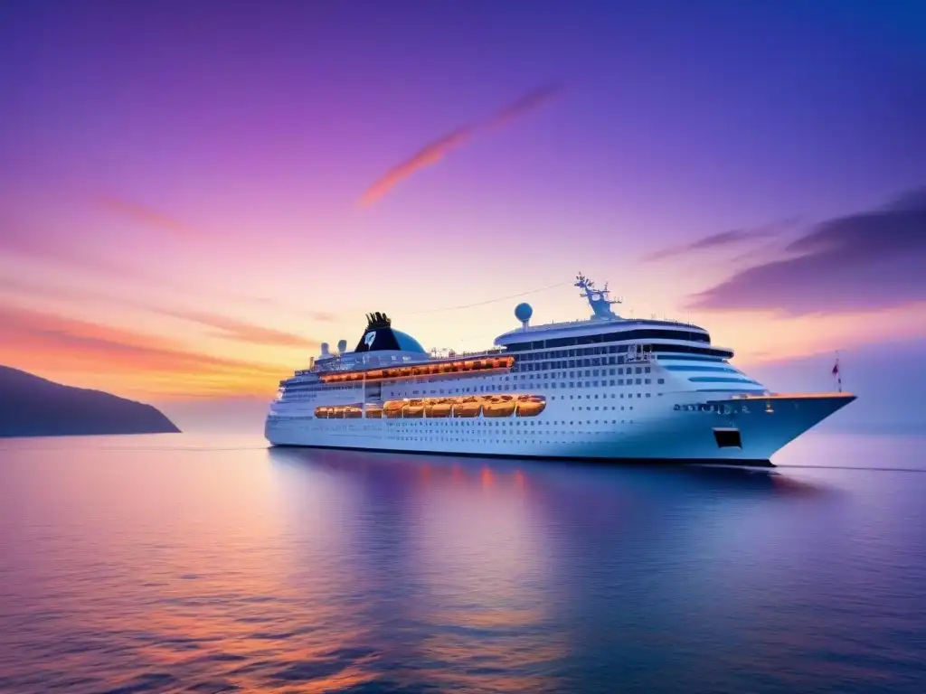 Un crucero de lujo navegando al atardecer en aguas cristalinas, reflejando colores cálidos