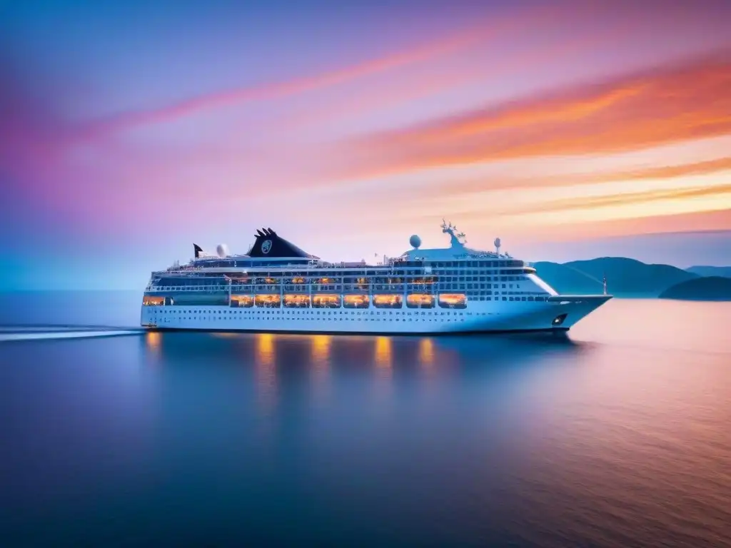Crucero de lujo al atardecer: elegancia y serenidad en alta mar Un crucero de lujo navega al atardecer en aguas cristalinas