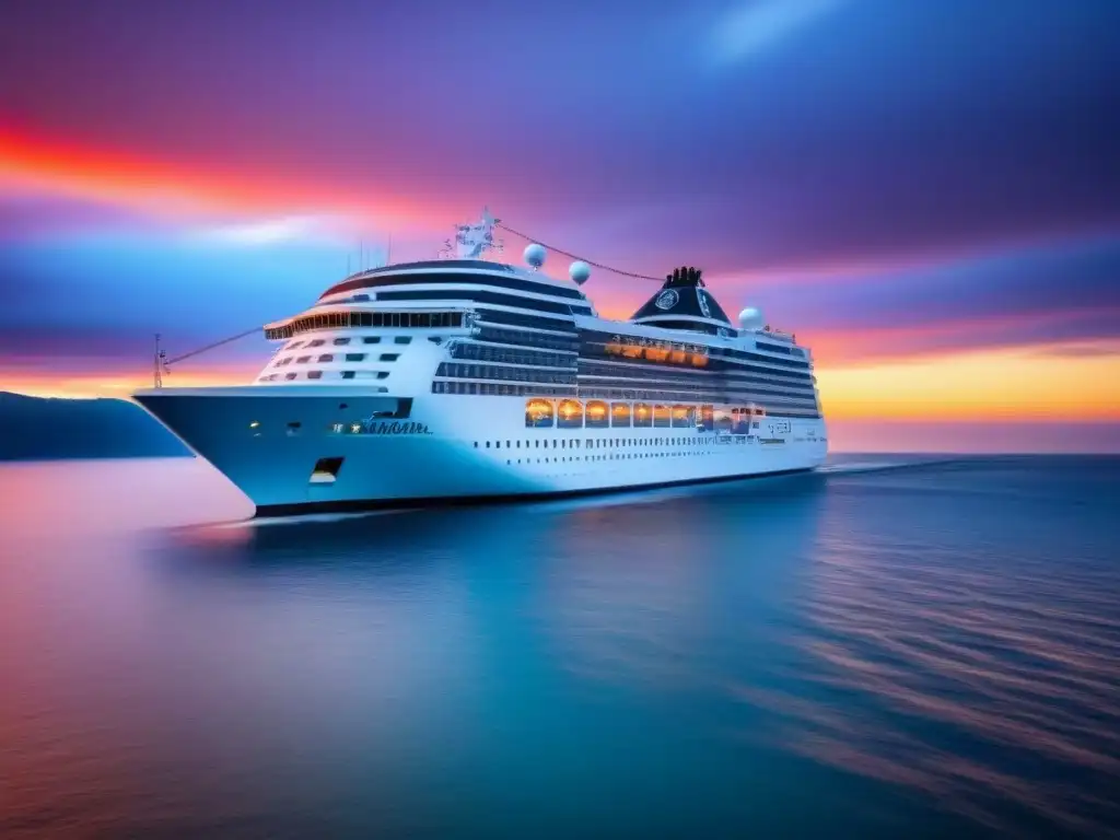 Un crucero de lujo navegando al atardecer en aguas cristalinas, destacando elegancia y exclusividad