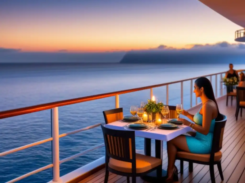 Un crucero de lujo navegando al atardecer en aguas cristalinas, con una pareja disfrutando de una cena romántica a la luz de las velas