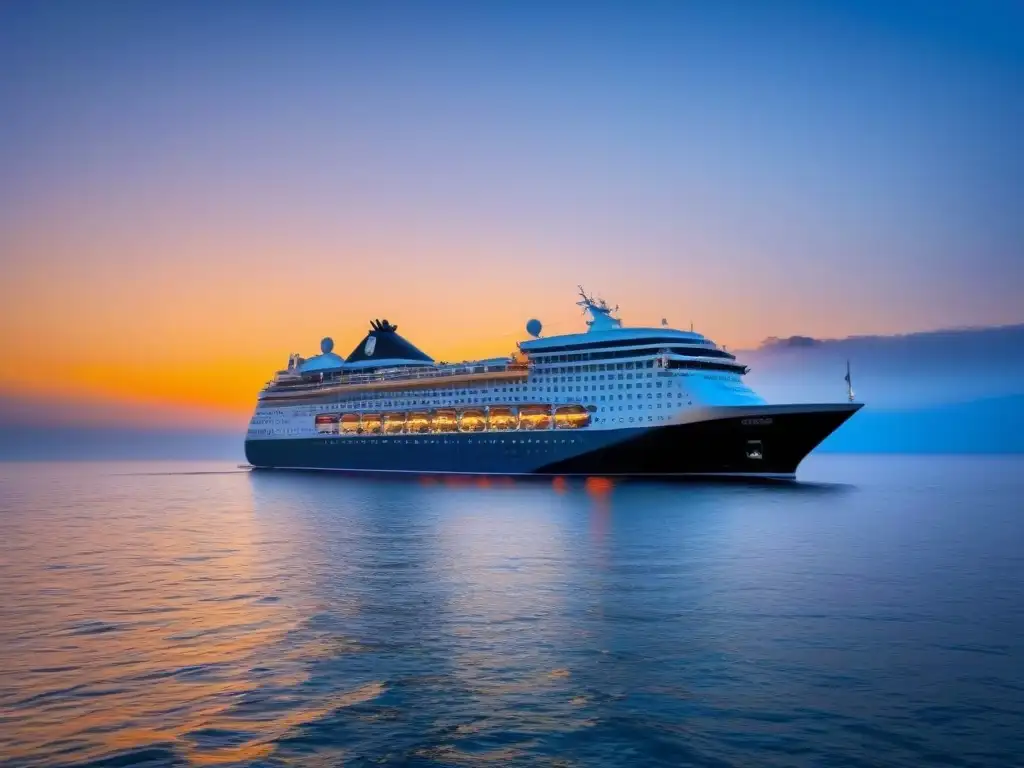 Un crucero de lujo navega al atardecer en aguas tranquilas, con un cielo de colores cálidos y fríos