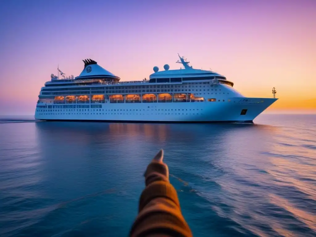 Un crucero de lujo al atardecer en aguas tranquilas, con una pareja admirando el horizonte