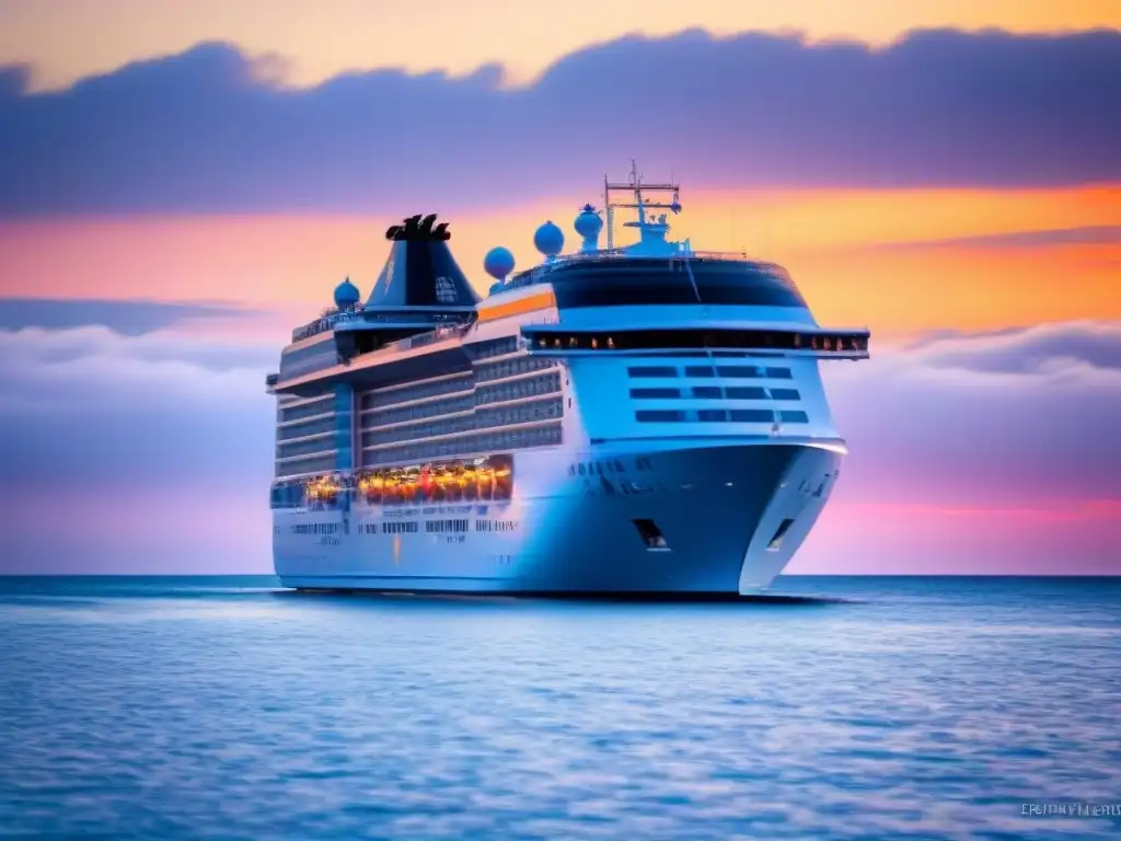 Un crucero de lujo al atardecer en aguas tranquilas, reflejando tonos cálidos en el mar