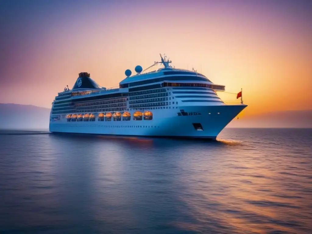 Un crucero de lujo navegando al atardecer en aguas cristalinas, representando la exclusividad de Ofertas cruceros premium última hora