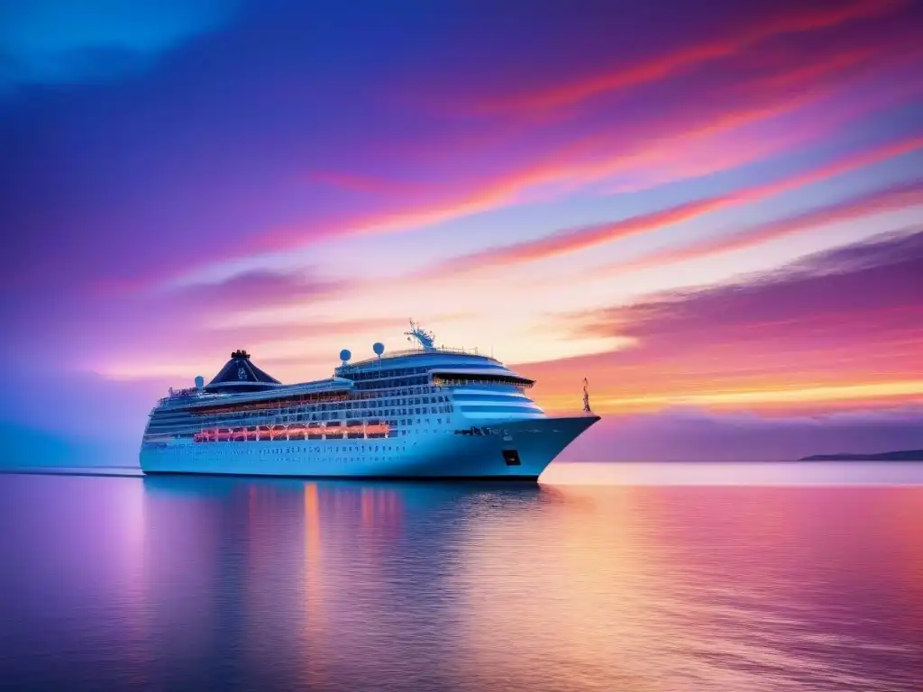 Un crucero de lujo navegando al atardecer en aguas turquesas, ideal para Ofertas última hora cruceros 2023