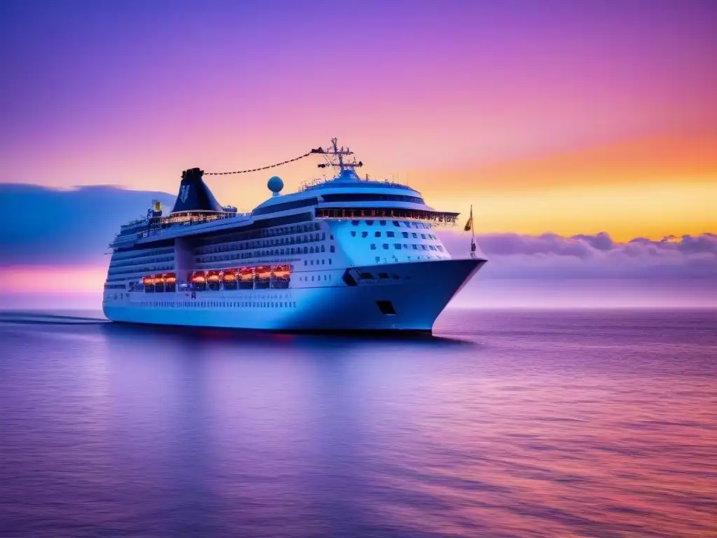 Un crucero de lujo navegando al atardecer en aguas tranquilas, con tonos rosados, anaranjados y morados en el cielo