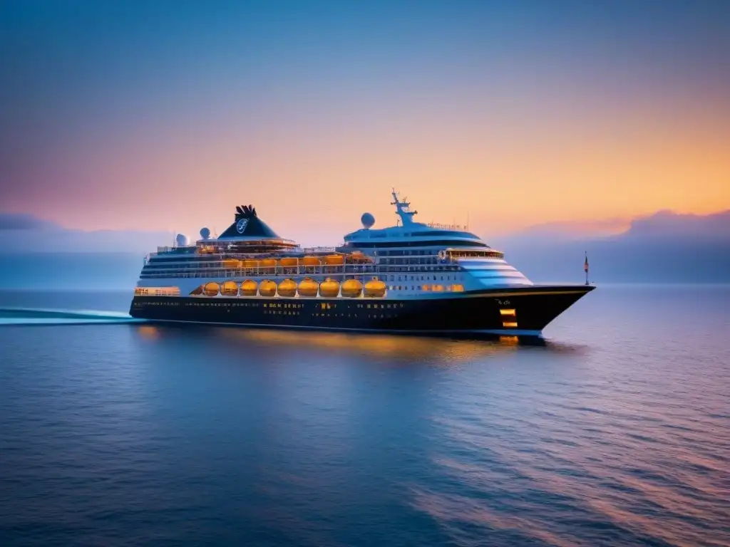 Un crucero de lujo navegando al atardecer en aguas tranquilas