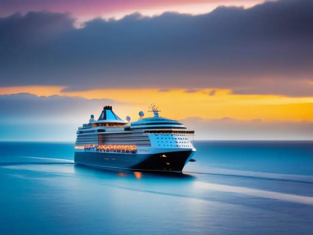 Un crucero de lujo al atardecer, reflejándose en aguas tranquilas