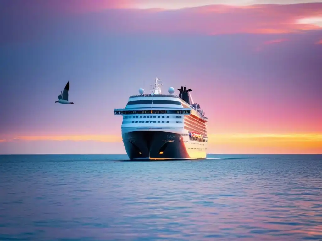 Un crucero de lujo navegando al atardecer en aguas tranquilas, con un cielo naranja y rosa