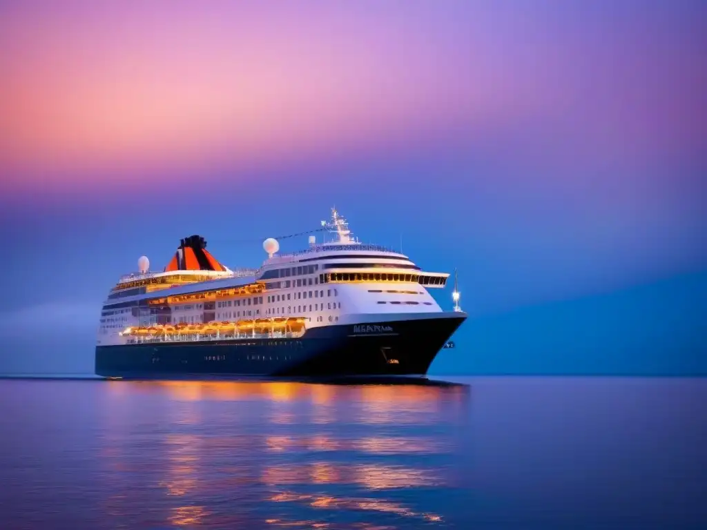 Un crucero de lujo navegando al atardecer, reflejando la calidez del sol en el mar