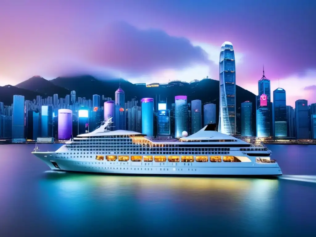 Un crucero de lujo en Hong Kong al atardecer, con la ciudad brillante de fondo