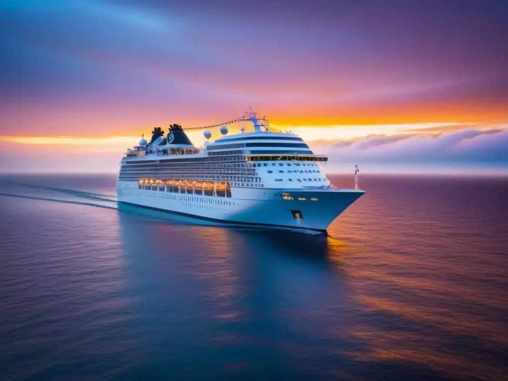 Un crucero de lujo navegando al atardecer, con detalles de última oferta en la bandera