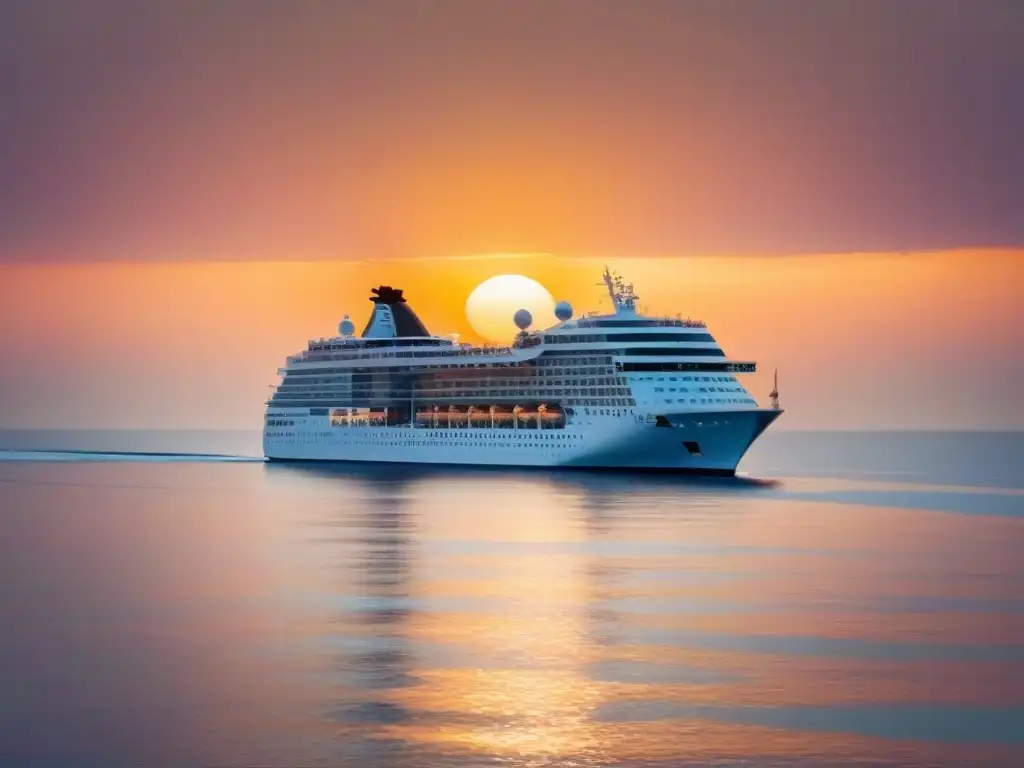 Crucero de lujo navegando hacia el atardecer dorado en el mar Un crucero de lujo navega hacia el atardecer dorado en un océano tranquilo, reflejando serenidad y aventura