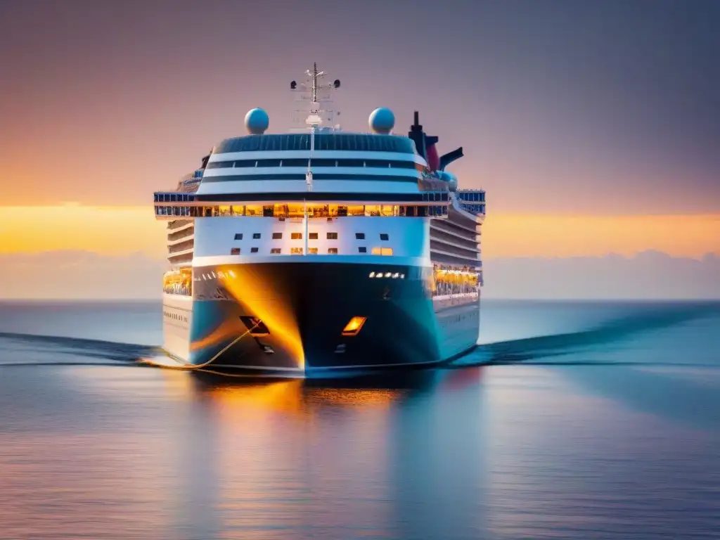 Tranquilidad y lujo en crucero al atardecer Un crucero de lujo navega serenamente al atardecer, reflejando elegancia y tranquilidad, ideal para la rentabilidad de los cruceros de lujo