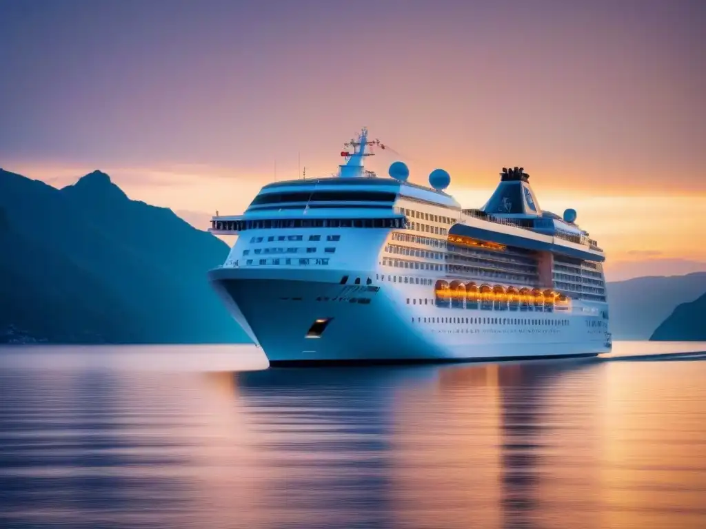 Un crucero de lujo navegando al atardecer, reflejando elegancia y tranquilidad en el mar