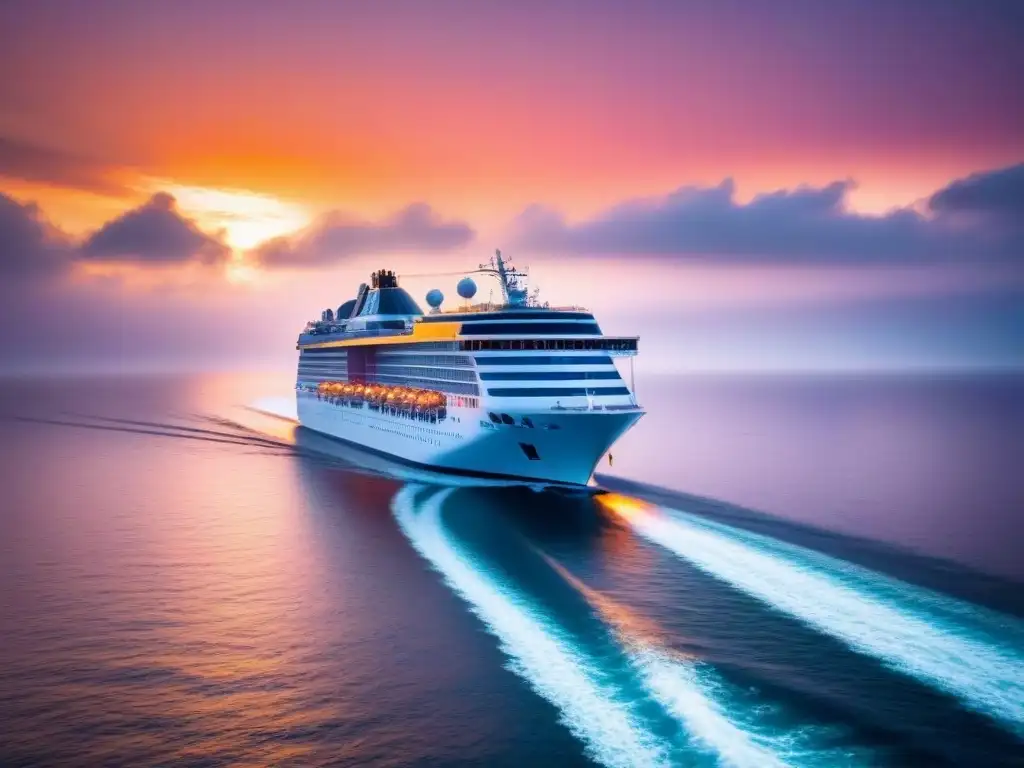 Un crucero de lujo navegando serenamente al atardecer, reflejando su elegante silueta en el mar