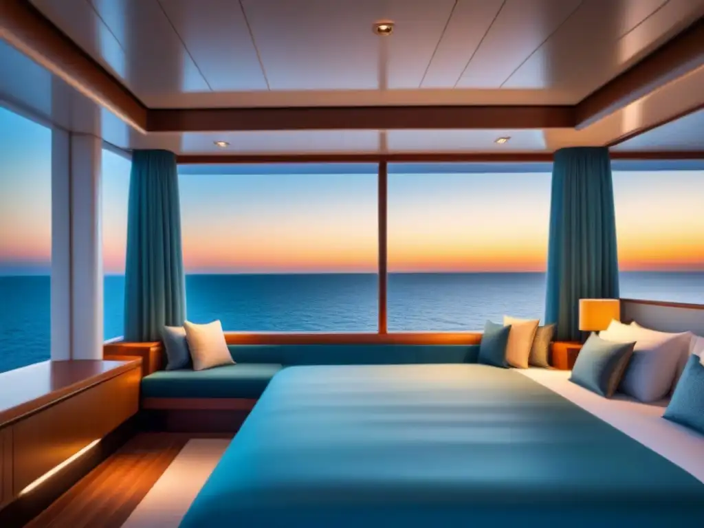 Un crucero de lujo navegando al atardecer, con un elegante spa visible a través de grandes ventanas, creando un ambiente sereno y relajante