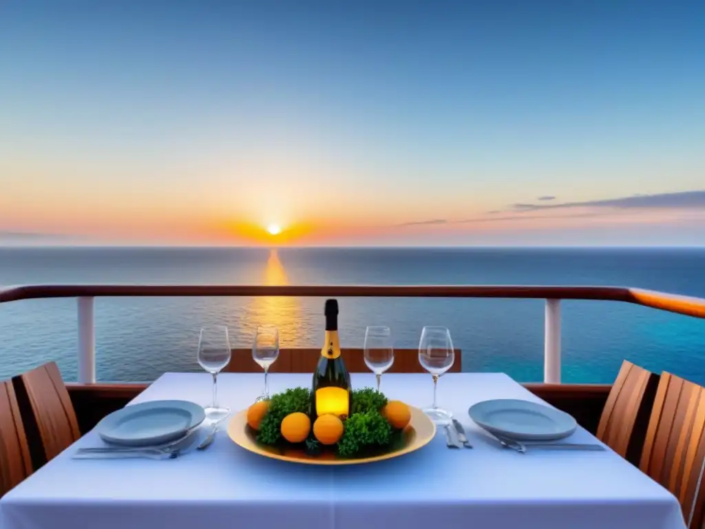 Un crucero de lujo navegando al atardecer con una elegante área de comedor y platos gourmet