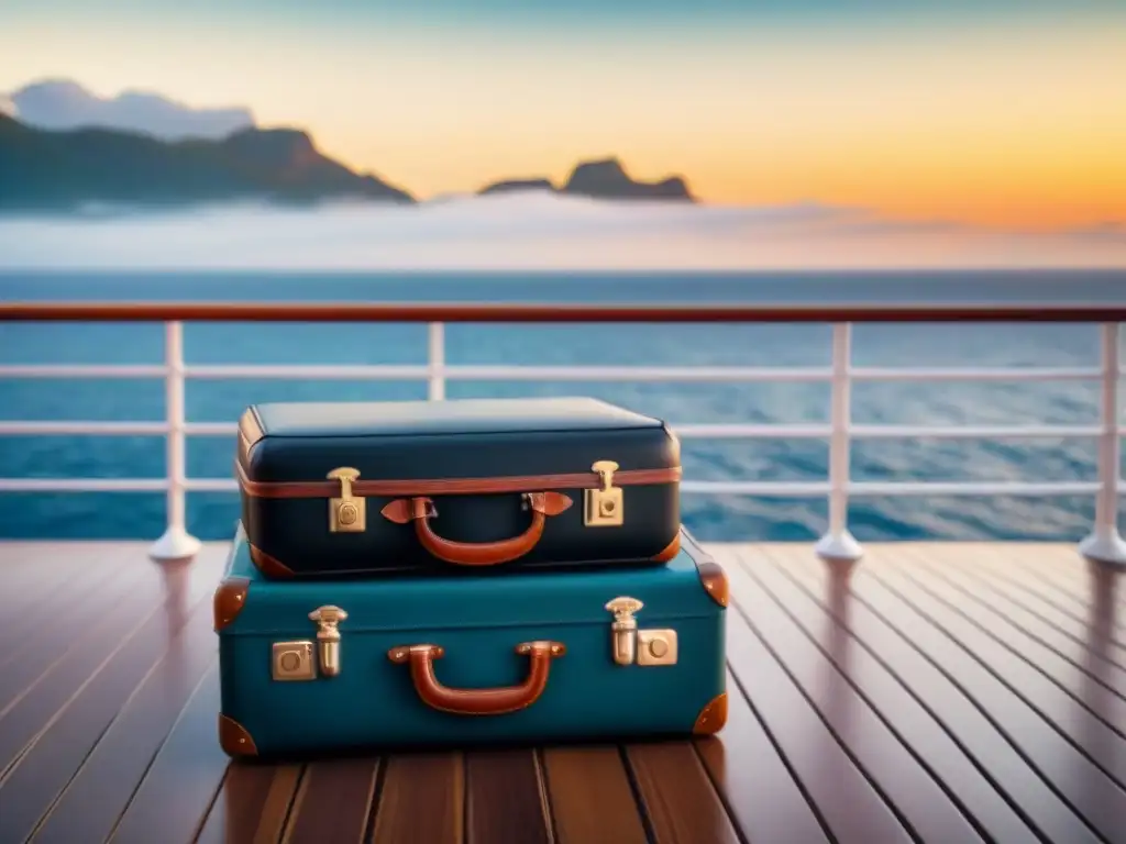 Empacando para un crucero de lujo al atardecer con elegantes maletas y accesorios de viaje en cubierta