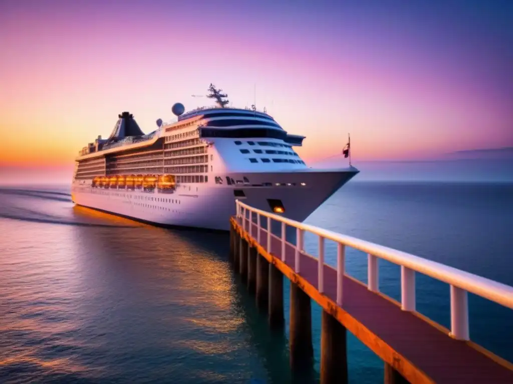 Un crucero de lujo al atardecer, iluminado por luces parpadeantes, en un mar tranquilo