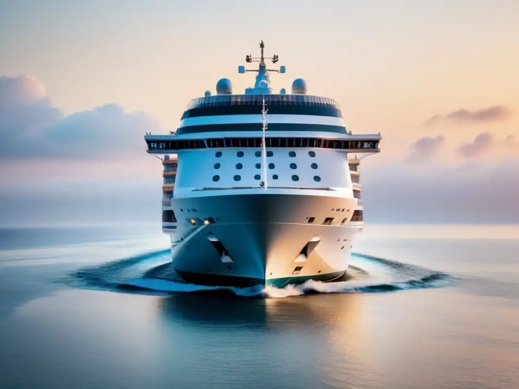 Un crucero de lujo al atardecer, reflejando luz dorada en aguas calmas