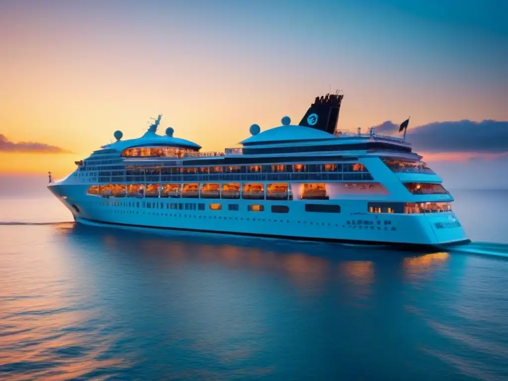 Un crucero de lujo navega al atardecer, con la luz dorada reflejándose en el mar turquesa