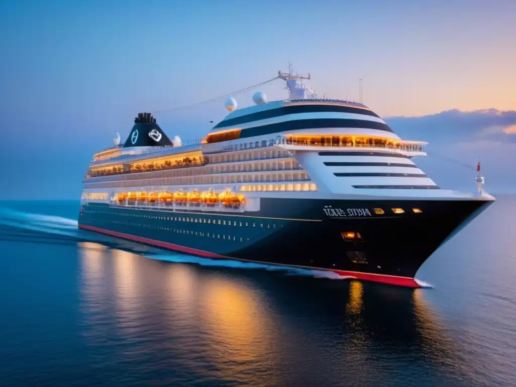 Un crucero de lujo al atardecer, con la luz dorada reflejando en el mar, elegante y tranquilo